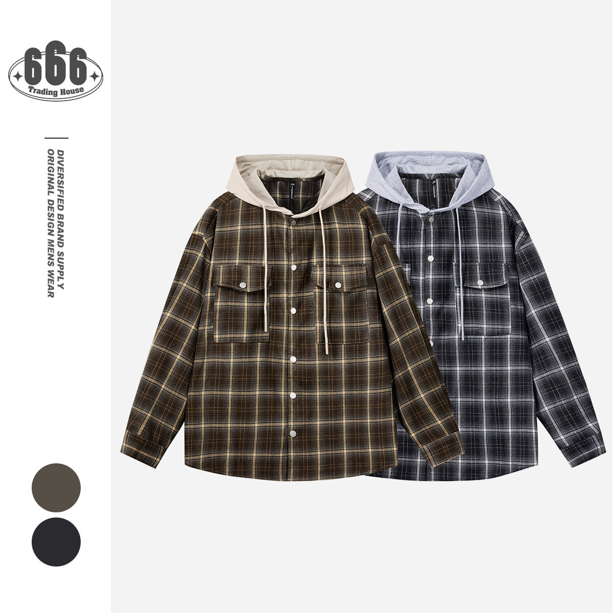 YANSANXIA American Retro Hooded Plaid Workwear Shirt Men