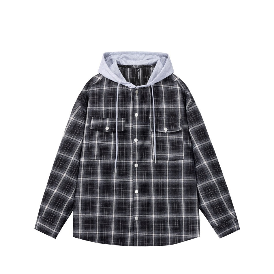 YANSANXIA American Retro Hooded Plaid Workwear Shirt Men