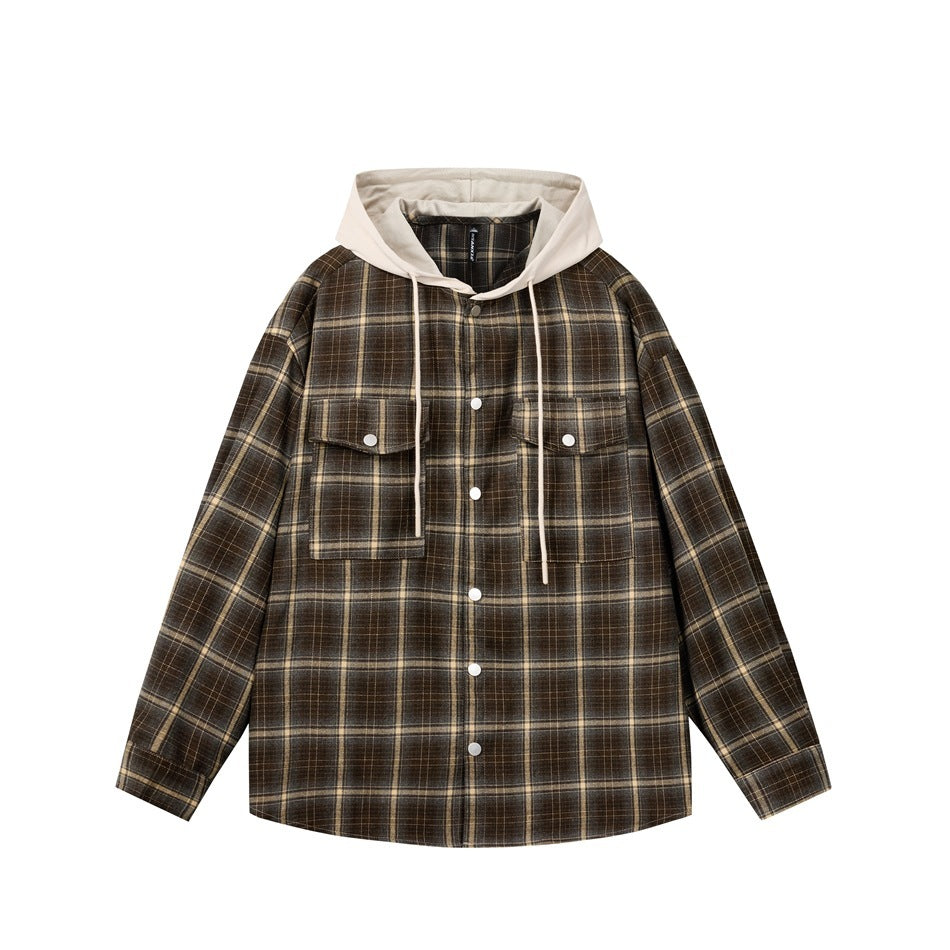 YANSANXIA American Retro Hooded Plaid Workwear Shirt Men