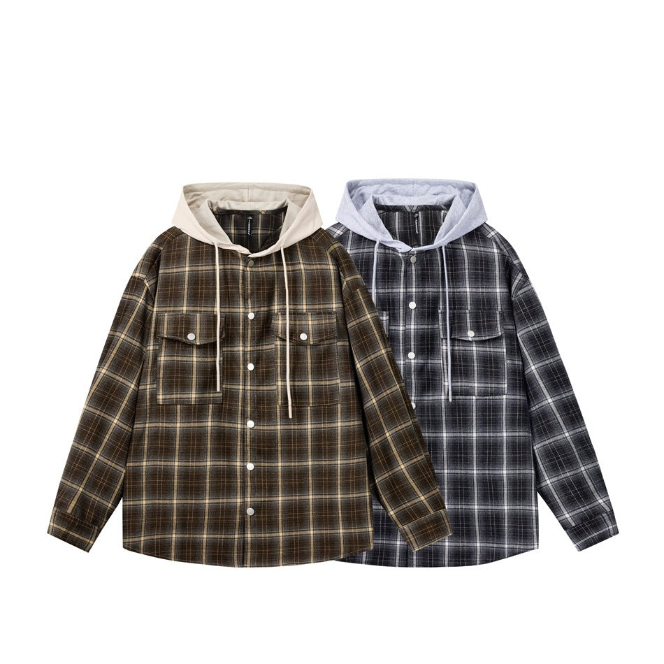 YANSANXIA American Retro Hooded Plaid Workwear Shirt Men